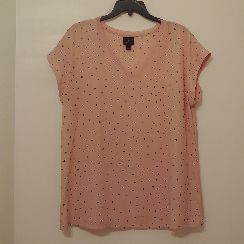 Worthington Pink Blouse w/Black Polka Dots